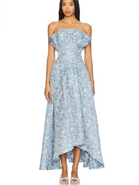 Elliatt x Revolve Jacquard Asymmetric Gown in Blue Floral